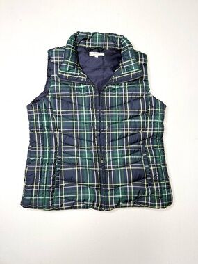 Talbots Plaid Quilted Puffer Vest in Navy and Green Size Large